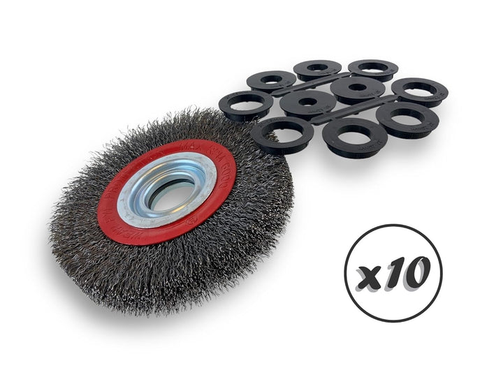 10er-Set Rundbürsten STAHL | Ø 150 mm | 2-reihig | Harte, gewellte Drähte 0,30 mm | Bohrung 32 mm +