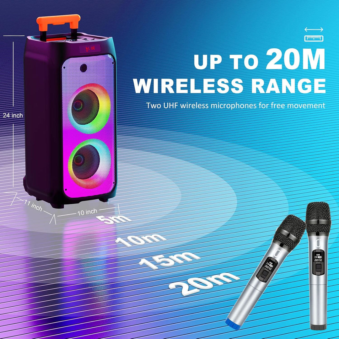 JYX Karaoke Anlage mit 2 drahtlosen Mikrofonen, Grosser Karaoke Lautsprecher Bluetooth mit Rädern un