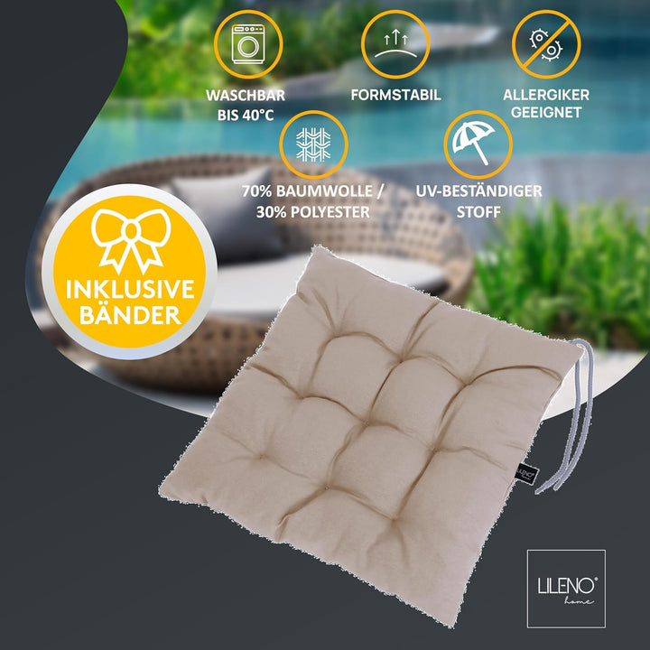 LILENO HOME 2er Set Stuhlkissen 14 Hellbraun (40x40x6 cm) - Sitzkissen für Garten, Küche oder Esszim