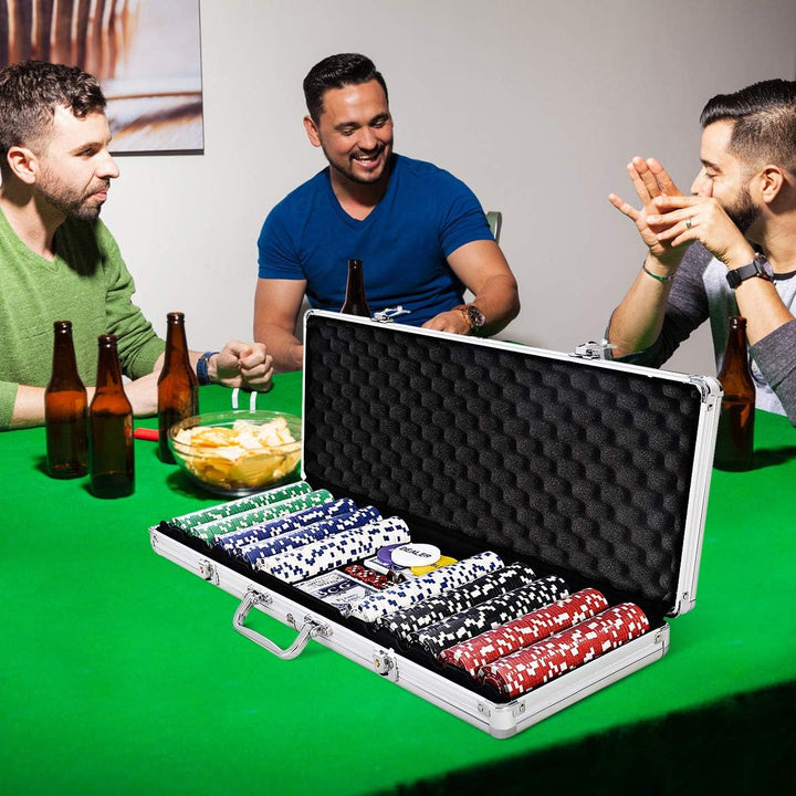 GOPLUS Pokerset mit 500 Chips, Pokerkoffer aus Alu, Poker Set mit 2 Kartendecks, 5 Würfel, Spielmatt