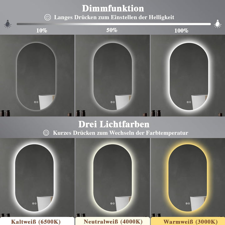Badspiegel mit Beleuchtung 40x70cm : LED Badezimmerspiegel - Badezimmer Spiegel mit Beschlagfrei - T