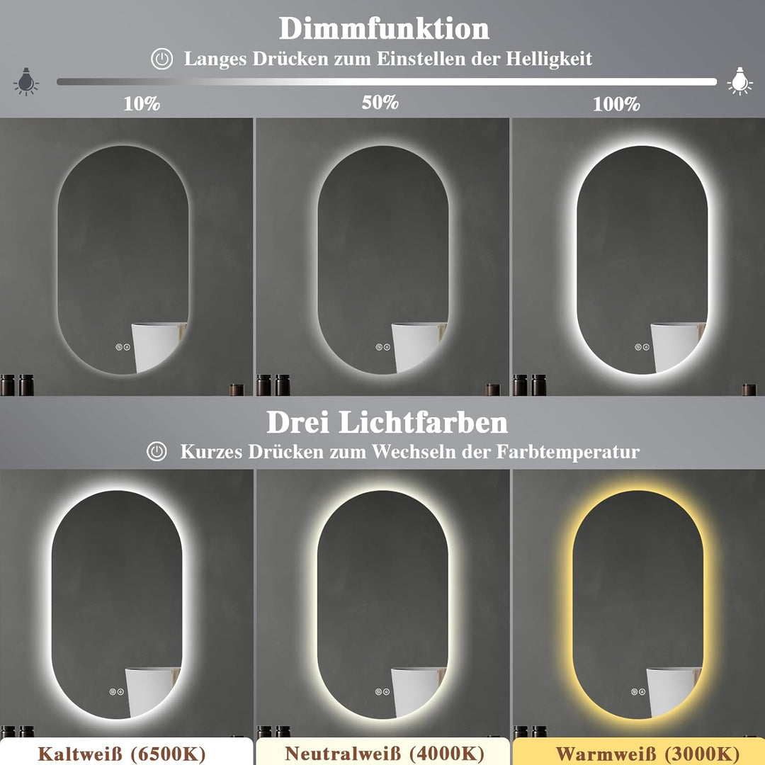 Badspiegel mit Beleuchtung 60x100cm: LED-Badezimmerspiegel Oval Badezimmer Spiegel mit Beschlagfrei,