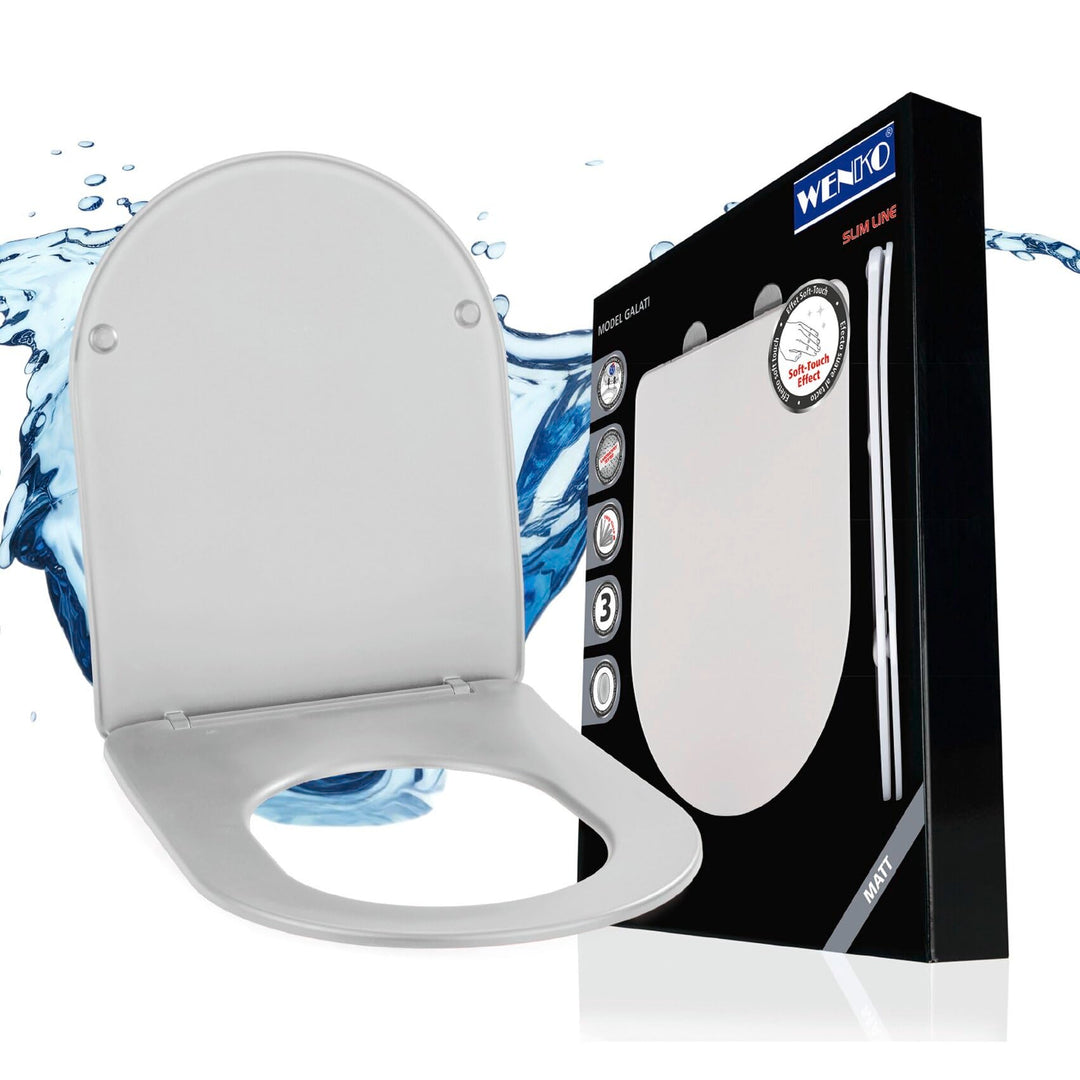 WENKO WC-Sitz Galati, flacher Toilettensitz in D-Form mit Absenkautomatik, aus Duroplast, Fix-Clip-B