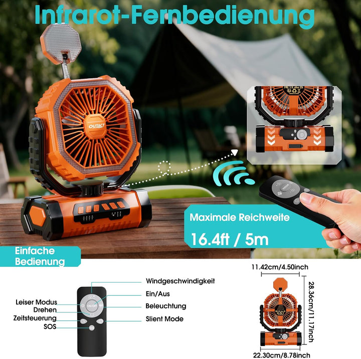 Camping Ventilator 20000mAh, Wiederaufladbarer Tischventilator USB Ventilator mit LED Licht &amp; Haken,