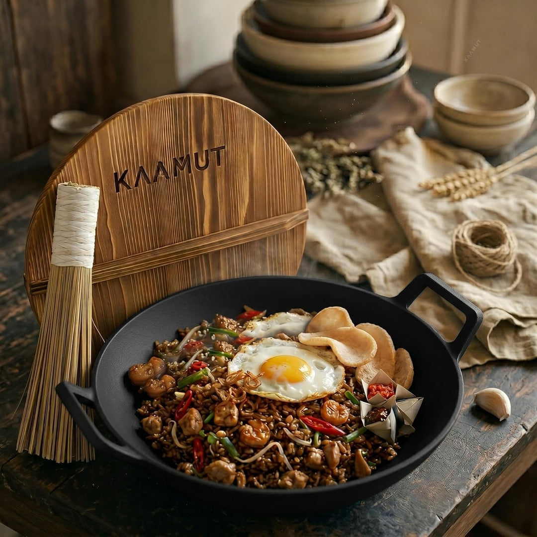 Wok Wadjan Professionell Ø36 aus Gusseisen – Mit Holzdeckel & Bambus-Wokbürste – Für alle Wärmequell