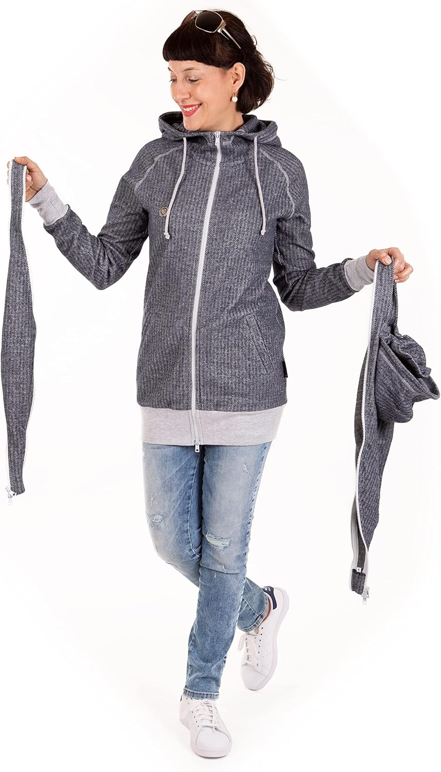 Viva la Mama 3in1 leichte Tragejacke für Mama und Baby, Umstandsjacke - Cleo, XS Anthrazit - Vorn un