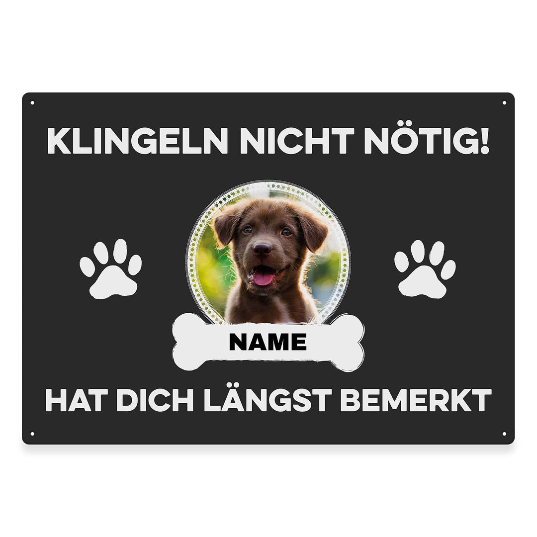 Hunde Schild personalisiert - Klingeln nicht nötig - Metallschild mit Foto und Name für aussen, wett