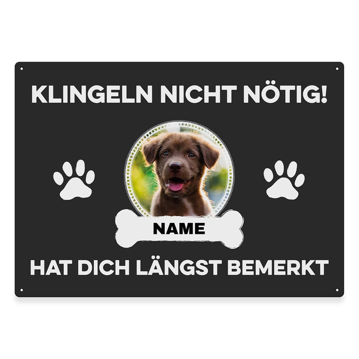Hunde Schild personalisiert - Klingeln nicht nötig - Metallschild mit Foto und Name für aussen, wett