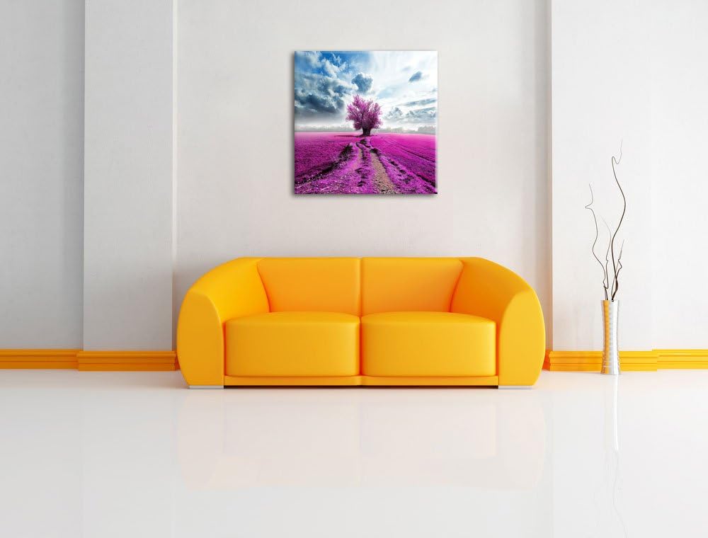 Pixxprint Pinkes Feld mit pinkem Baum / 70x70cm Leinwandbild bespannt auf Holzrahmen/Wandbild Kunstd