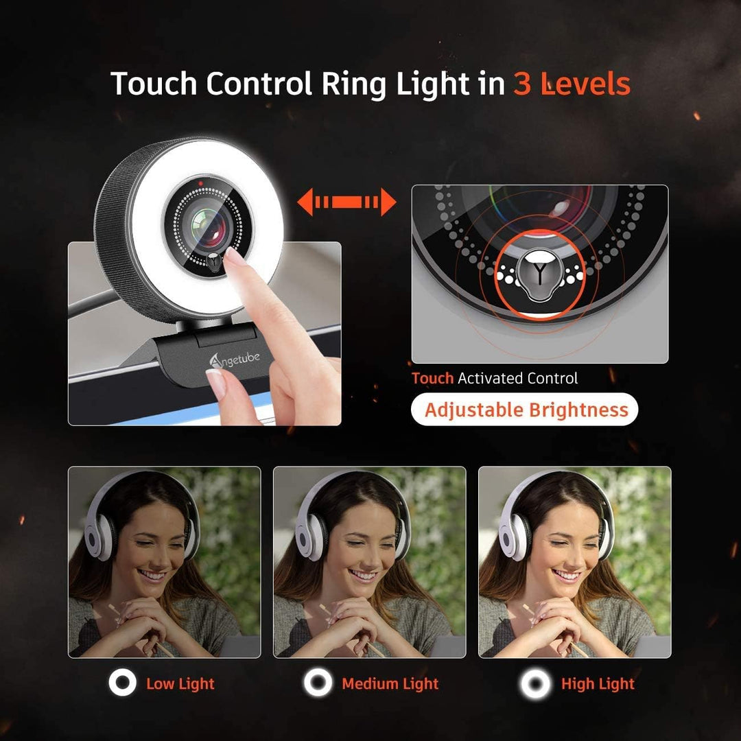 Angetube Streaming HD Webcam 1080P mit Lichtring, 967 USB PC Autofokus Webcam mit dualem Mikrofon, V