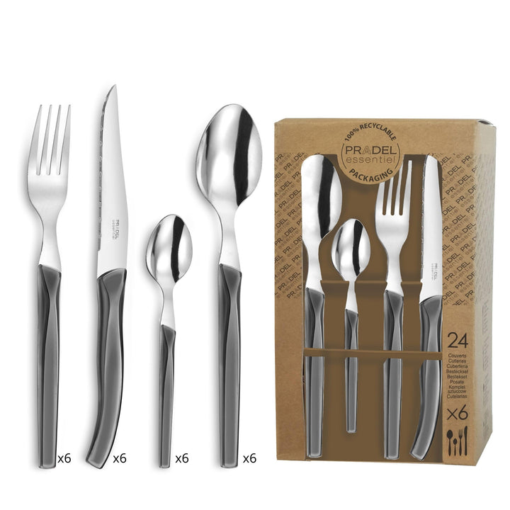 Lou Laguiole RISING SUN Besteck Set 6 Personen | 24-teilig | Grau glänzend | Essbesteck 6 Personen s