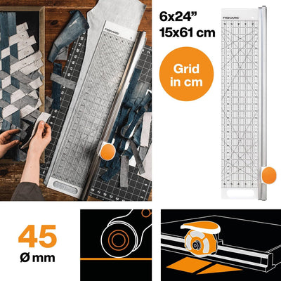 Fiskars Rollmesser Ø 45 mm) mit Lineal, 6" x 24", Orange/Weiss, 1014651 Rollmesser mit Lineal, 6" x