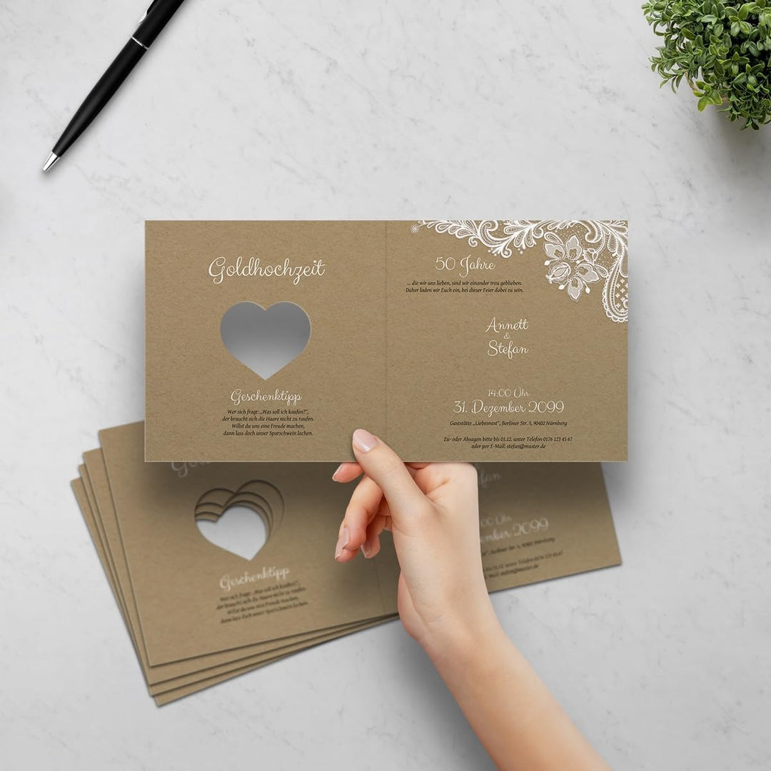 Kartenmachen.de 10 x Lasergeschnittene Hochzeitseinladungen Goldhochzeit goldene Hochzeit Einladung