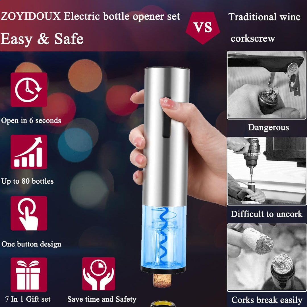 ZOYIDOUX 7-in-1 elektrischer weinkorkenzieher-Geschenkset Edelstahl, elektrischer Weinöffner mit Bas