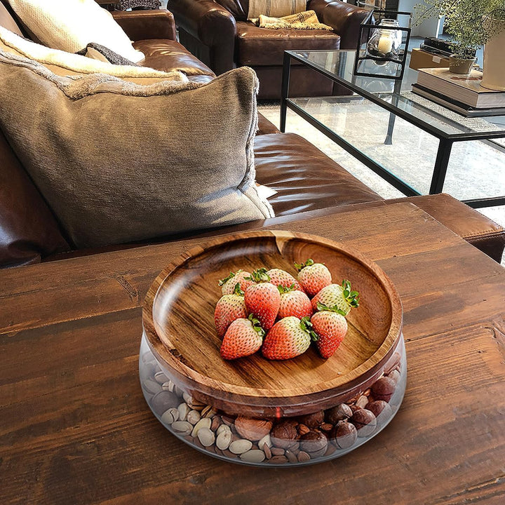 Obstschale, Glasschale mit Holzdeckel, stilvoller Obstkorb aus Glas, doppelt verglaste Schale für Tr