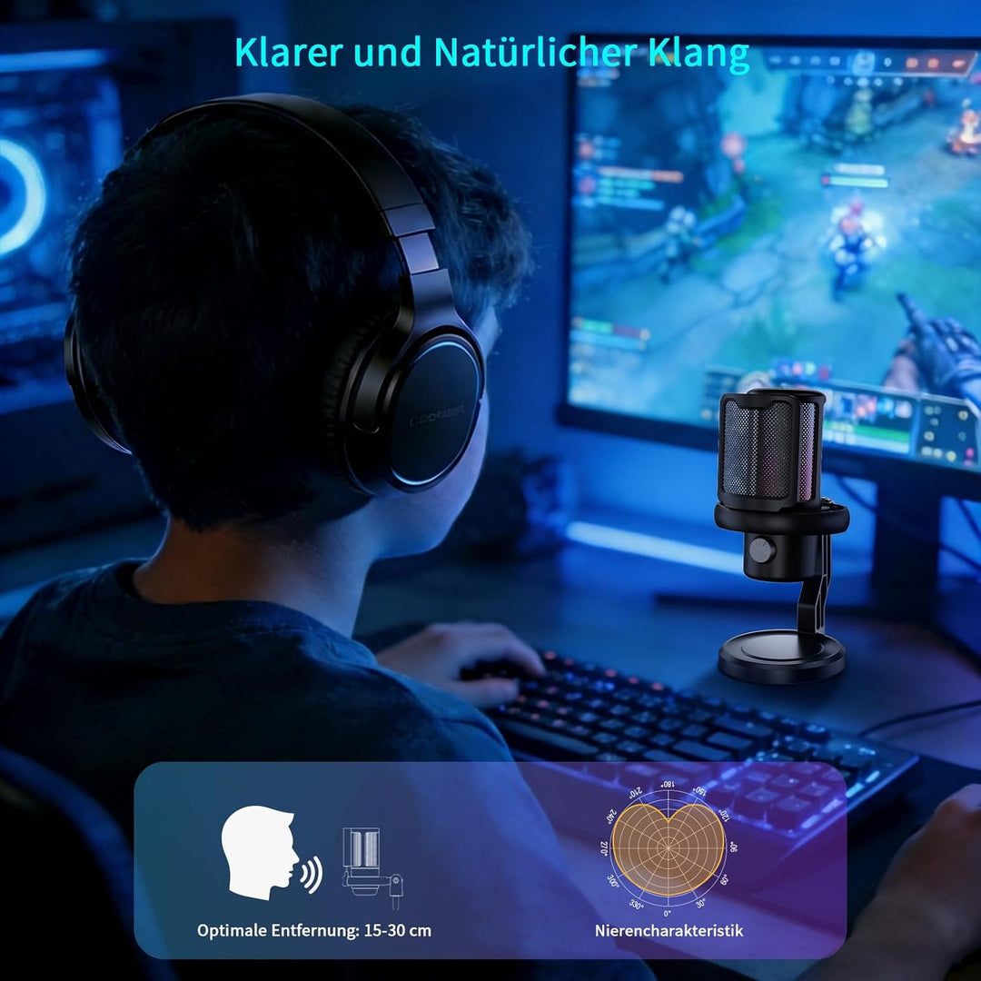 K KASONIC Gaming Mikrofon mit RGB-Beleuchtung, USB Kondensatormikrofon mit Pop-Filter für PC, Schnel