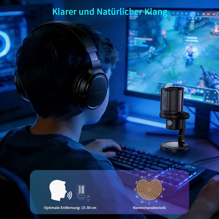 K KASONIC Gaming Mikrofon mit RGB-Beleuchtung, USB Kondensatormikrofon mit Pop-Filter für PC, Schnel