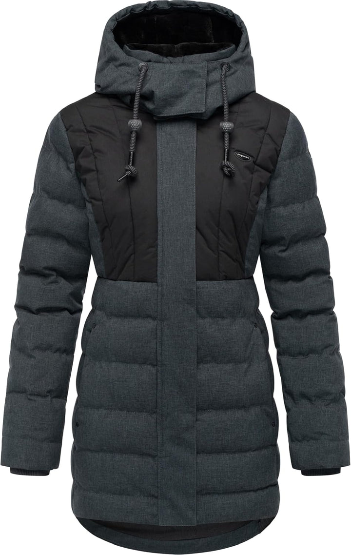 Ragwear Damen Wintermantel Warmer wasserdichter Steppmantel lang mit Kapuze Ashanta Block XS-6XL M D