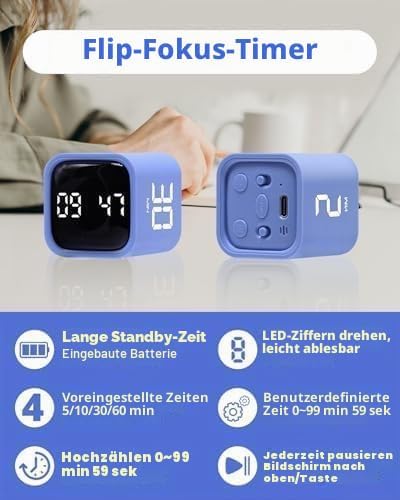 Produktivitätstimer Flip-Schwerkraftsensor-Würfeltimer Countdown & Countup, Stummschaltung & Vibrati