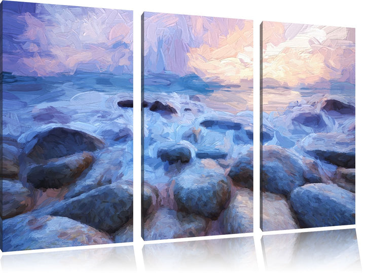 Pixxprint Romantisches Meer Pinsel Effekt 3-Teiler Leinwandbild 120x80 Bild auf Leinwand