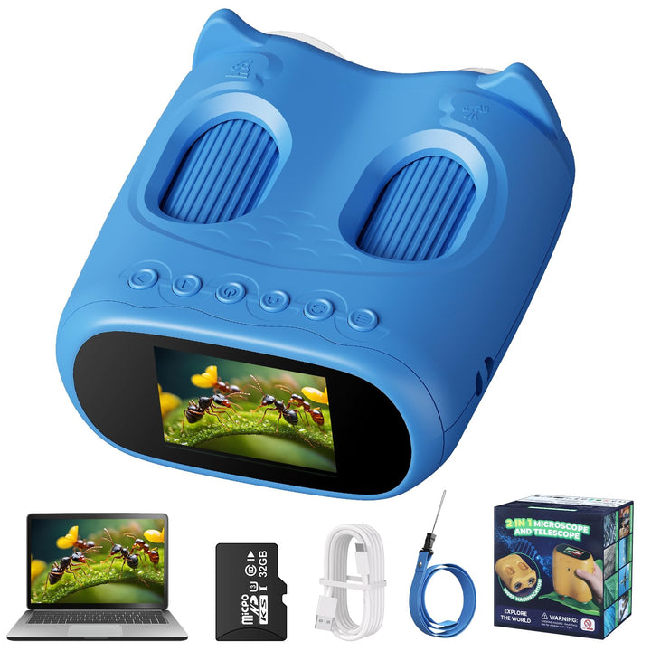 2-in-1 Digitales Mikroskop für Kinder und Teleskop, Tragbares Taschenmikroskop mit 32GB Speicherkart