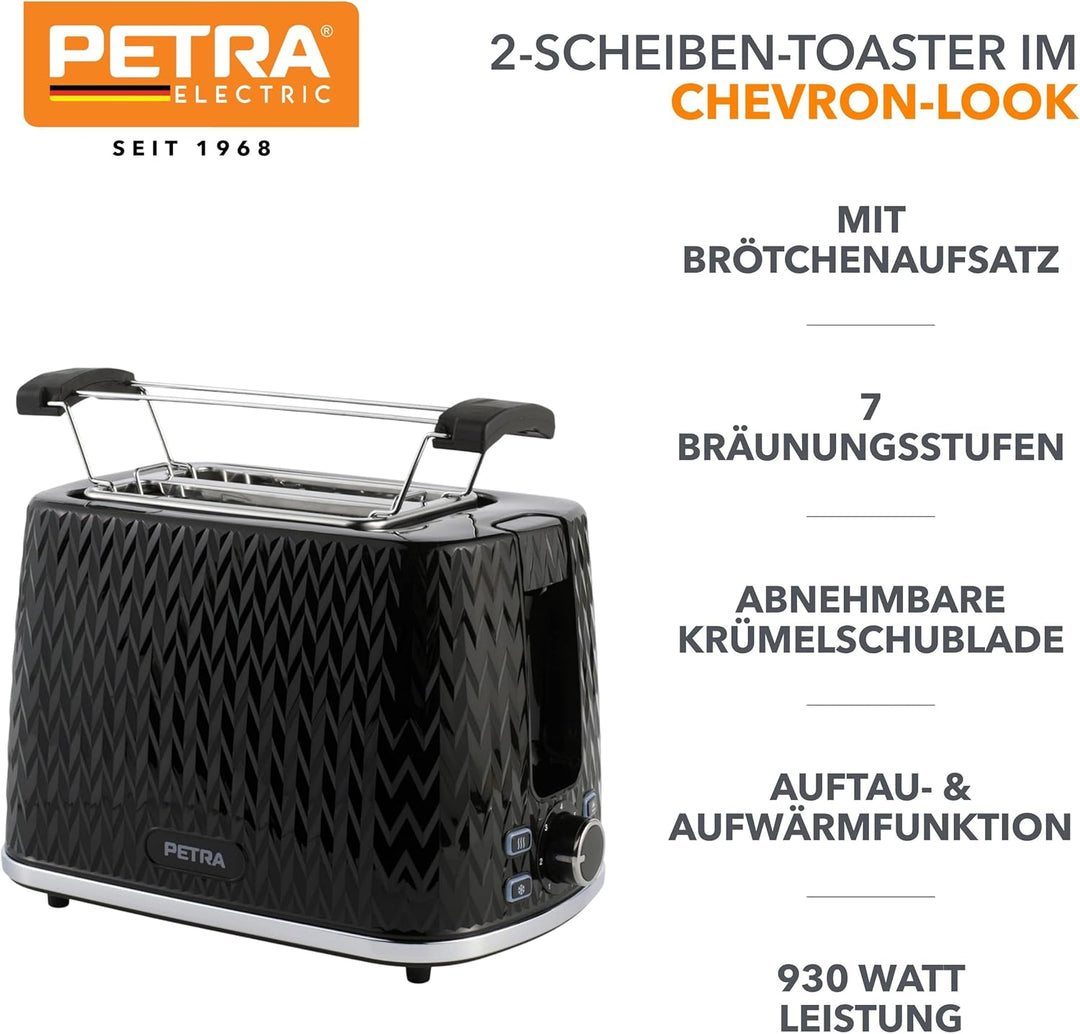 Petra PT3860BLKVDEEU10 2 Scheiben Toaster – mit Brötchenaufsatz, 7 Variabel Bräunungsstufen, Auftaue