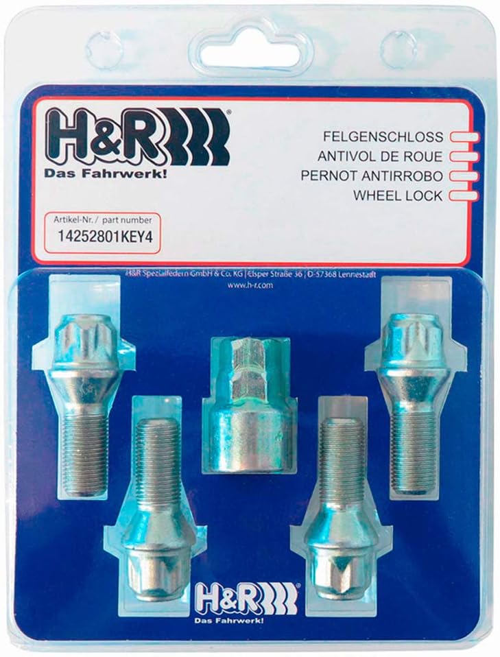 H&R Felgenschloss-Set R14 M14x1.50x28mm Kugelbund - 4 Felgenschloss-Schrauben inkl. Adapter