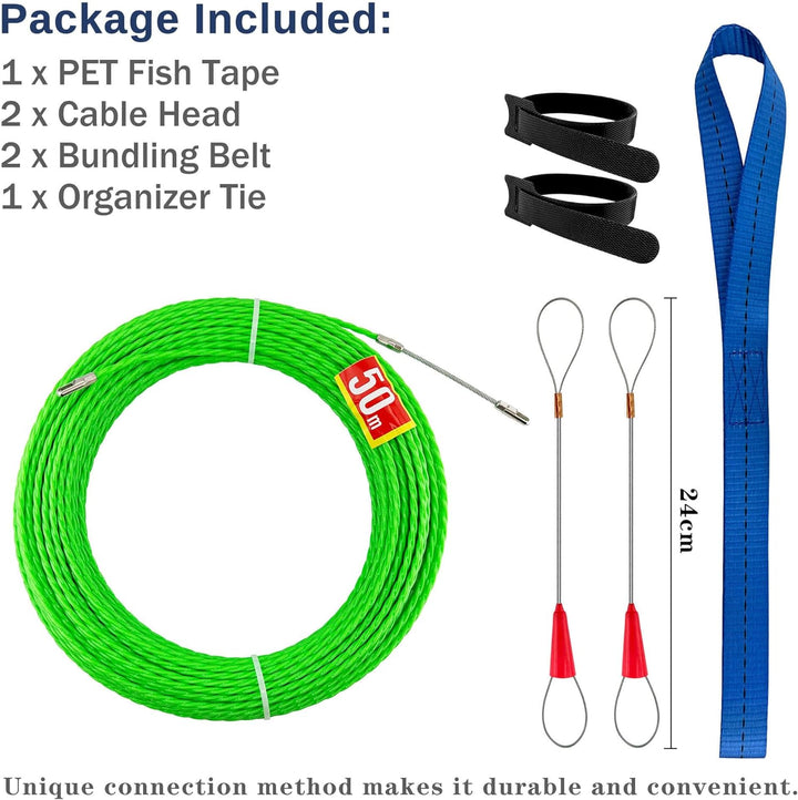 Kabeleinziehhilfe 50m, 4,5 mm Zugdraht Einziehspirale,Einziehhilfe Kabel Einzugshilfe,mit 2 Führungs