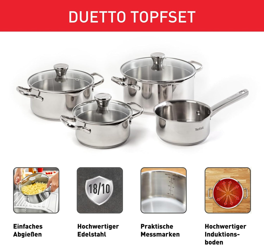 Tefal Duetto Edelstahl Kochtopfset, 7-teilig, Töpfe induktionsgeeignet, für alle Herdarten geeignet,