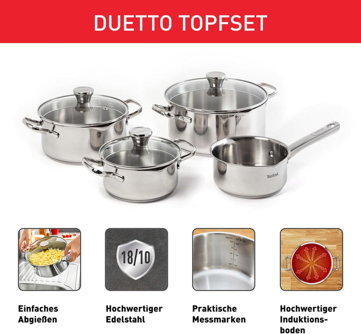 Tefal Duetto Edelstahl Kochtopfset, 7-teilig, Töpfe induktionsgeeignet, für alle Herdarten geeignet,