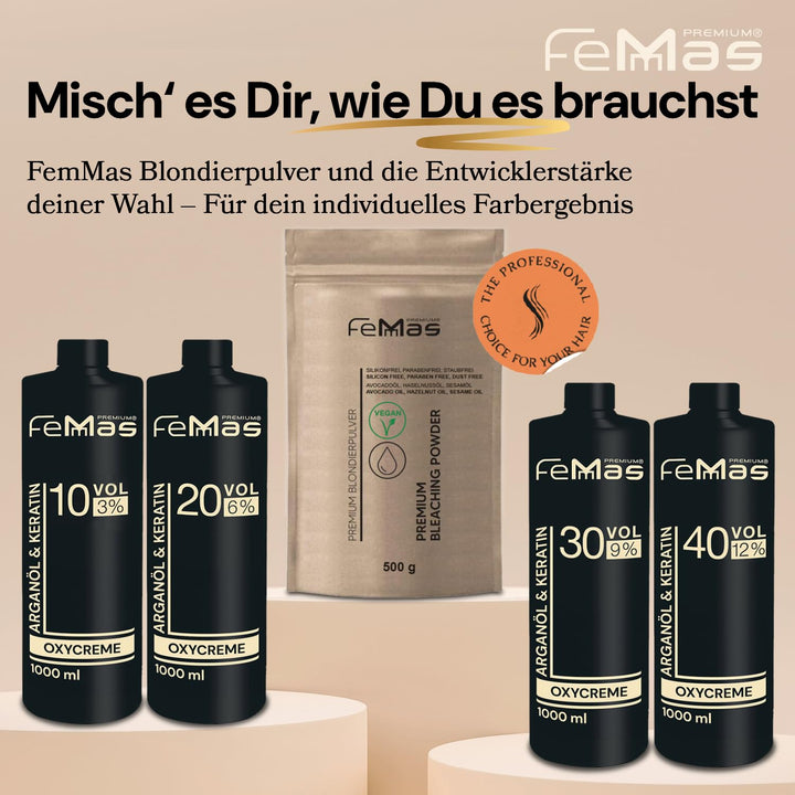 FemMas Blondierungspulver Set 500g vegan & Entwickler 3 Prozent 1L I ultra stark & staubfrei I mit n