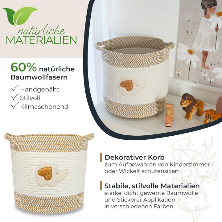 HMF Aufbewahrungskorb mit Griffen, Korb für Kinderzimmer aus Baumwolle | Elefant | 30,5 x 30,5 cm