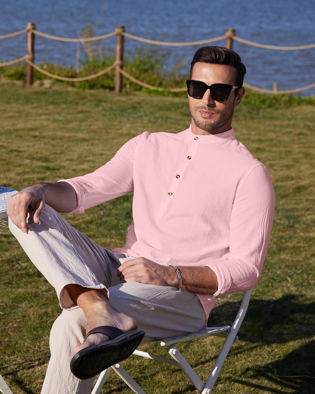 YAOBAOLE Herrenhemd, Leinen, Langarm, Sommer, Mao, lässig, Henley, Strandhemd, klassisch M Farbe: Ro