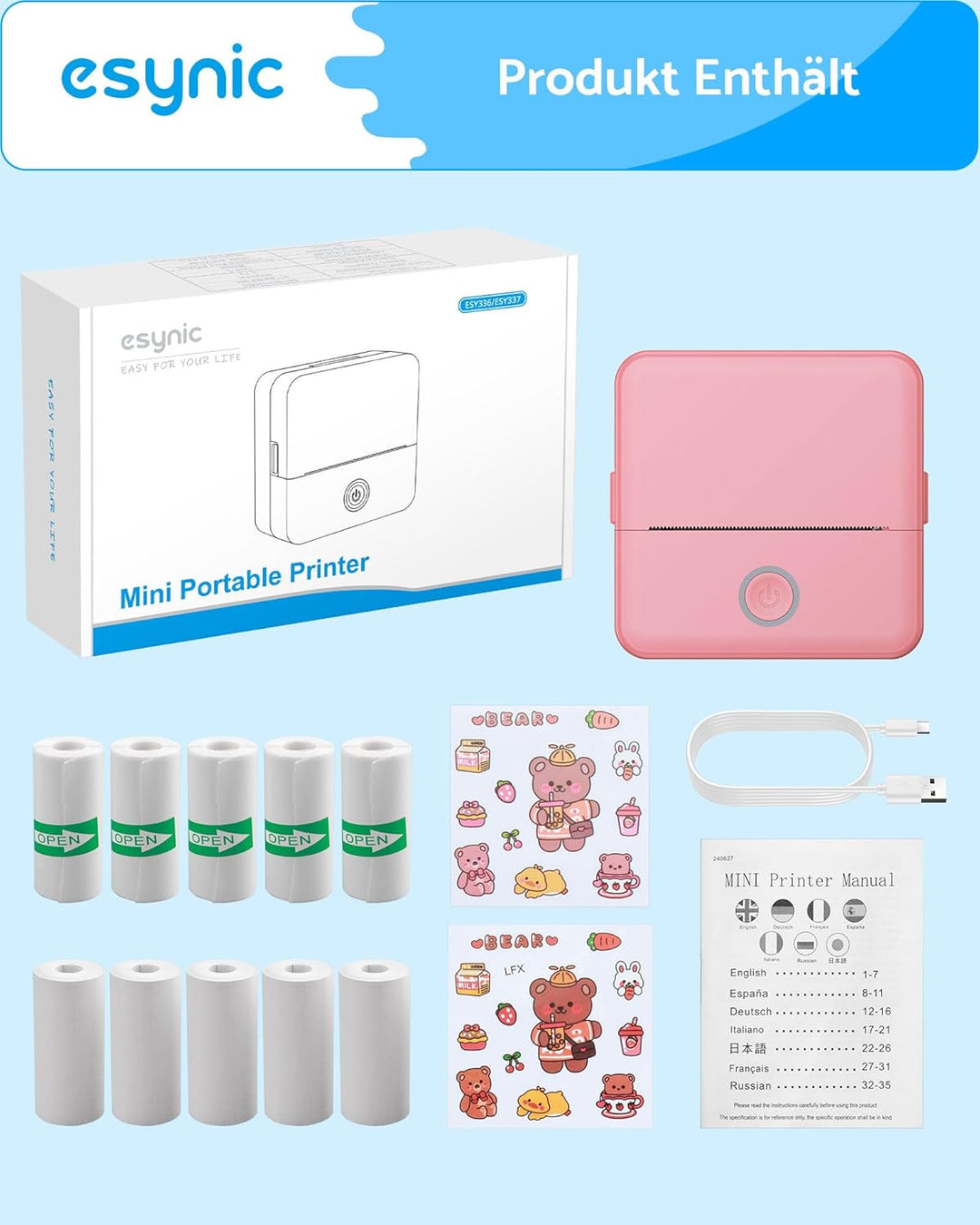 eSynic Mini Drucker – 200 DPI Thermodrucker Bluetooth Drucker für Smartphone, Kompakt und Tragbar, K