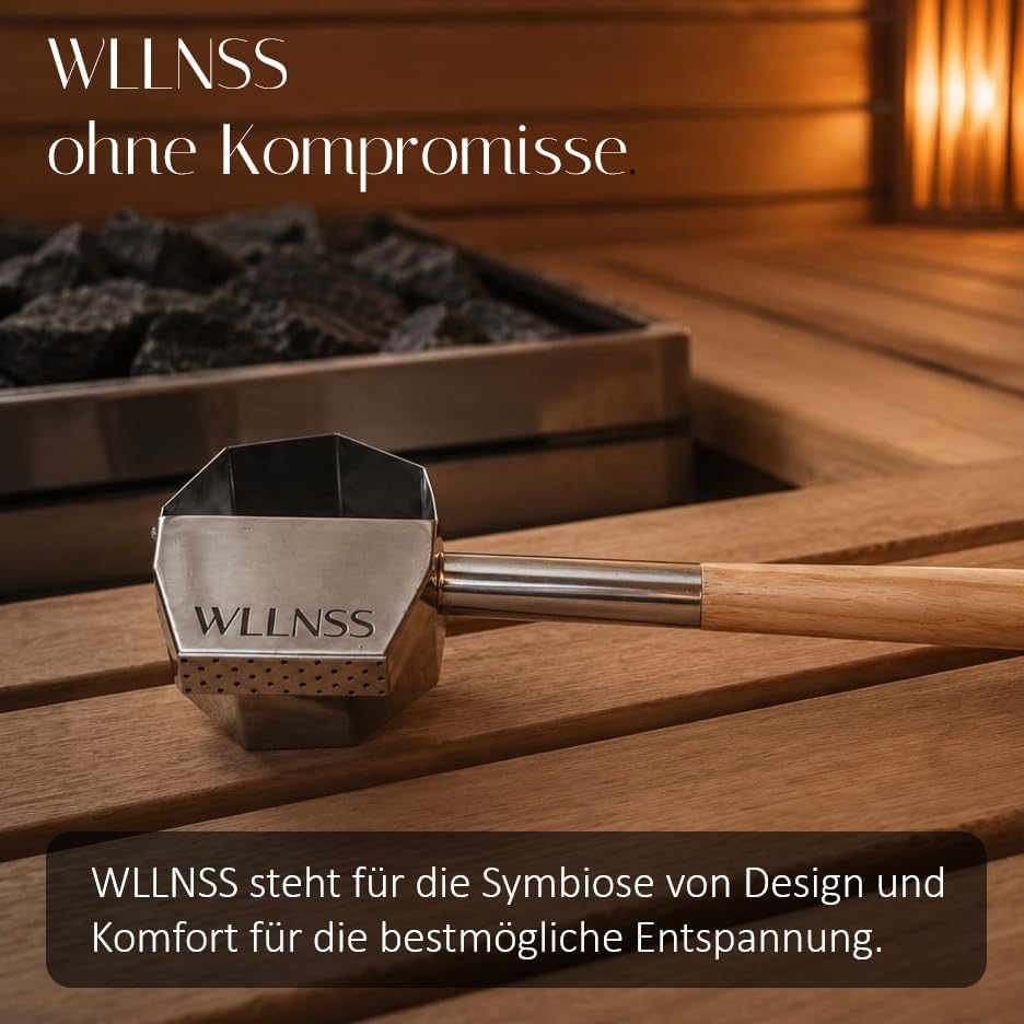 Saunakelle mit Regeneffekt 500 ml – Grosse Edelstahl Aufgusskelle mit langem Holzgriff – Gleichmässi