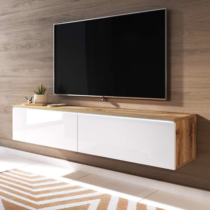 Selsey Kane – TV-Lowboard TV-Schrank hängend/stehend 140 cm (Wotan Eiche Matt/Weiss Hochglanz mit LE