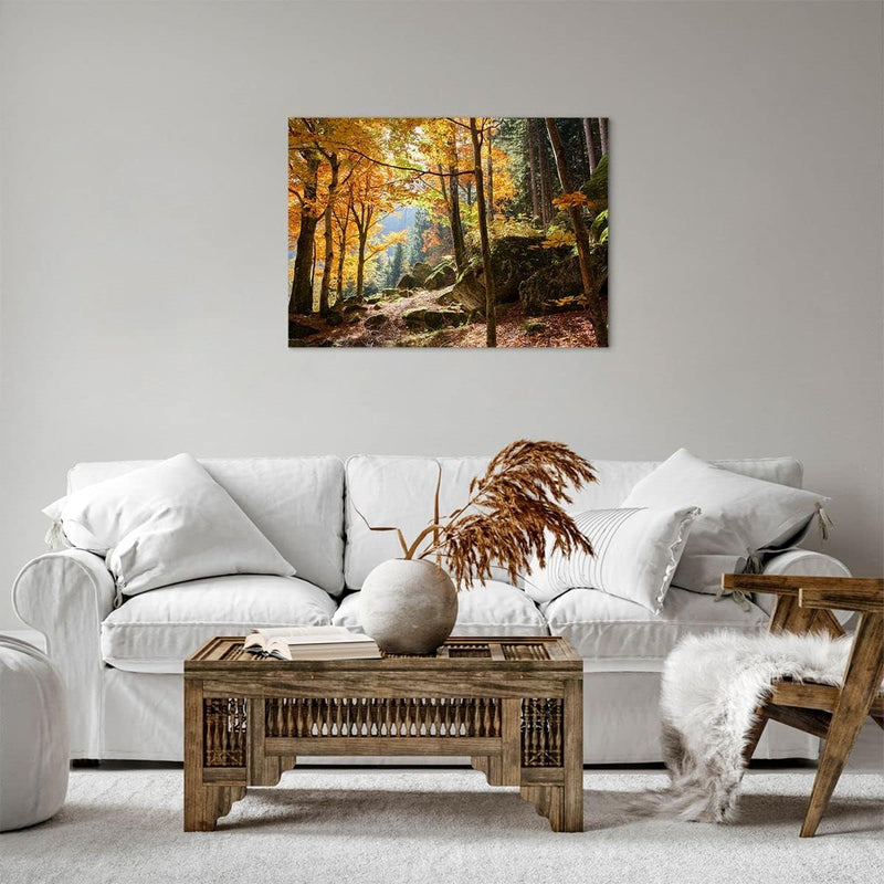 ARTTOR Bilder auf Leinwand Herbst berg wald natur Leinwandbild 70x50cm Wandbilder Dekoration Wohnzim