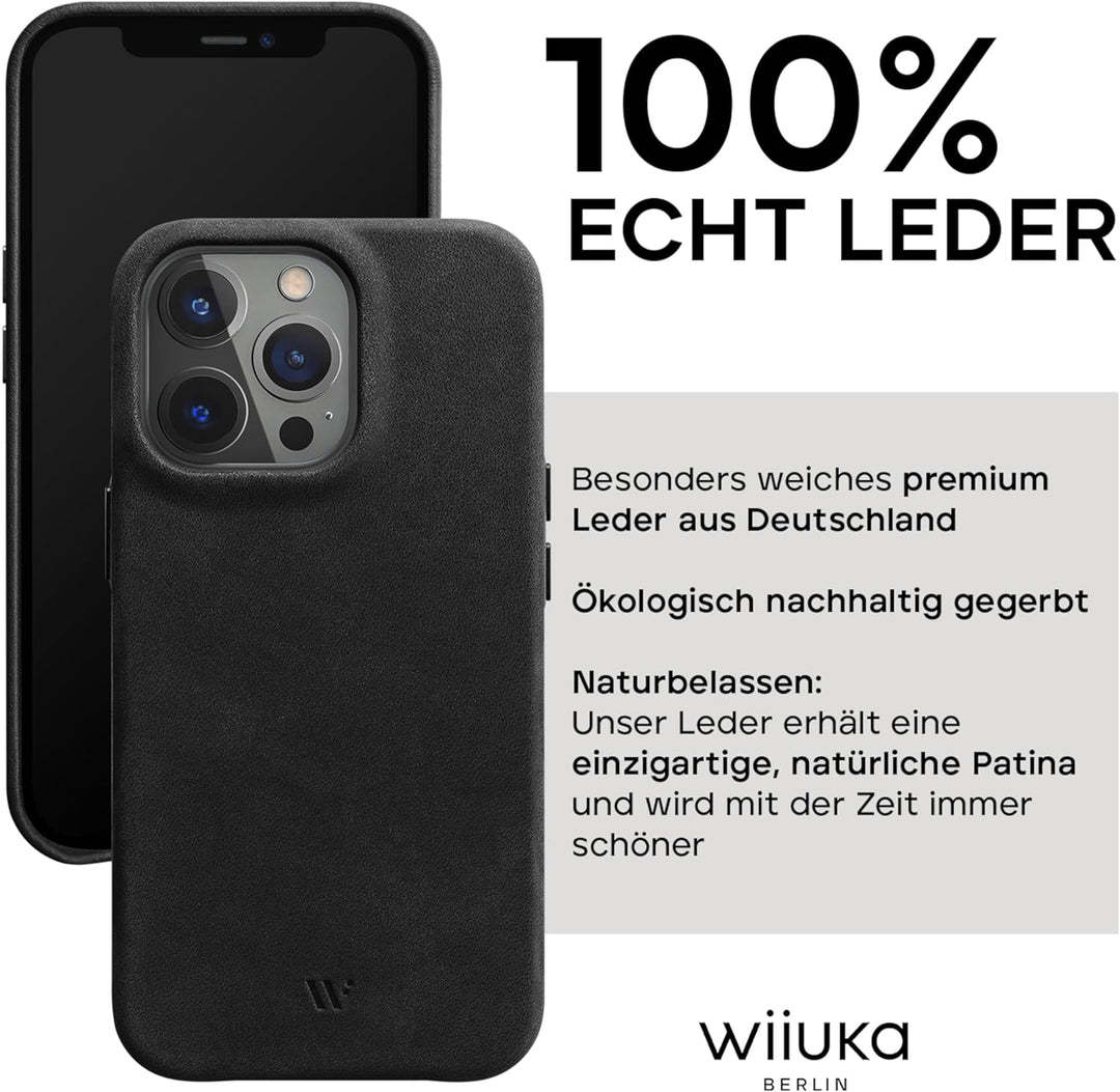 WIIUKA Hülle für iPhone 14 Pro Max, Leder aus Deutschland, Lederhülle extra Dünn, Premium Handyhülle