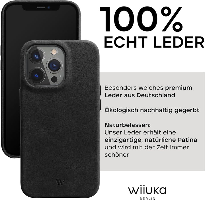 WIIUKA Hülle für iPhone 14 Pro Max, Leder aus Deutschland, Lederhülle extra Dünn, Premium Handyhülle