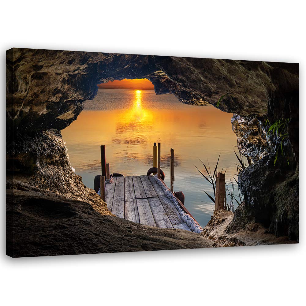 Feeby Leinwandbild XXL Höhle Illusion Wandbild Kunst Sonnenuntergang Orange 120x80 cm Leinwandbild 1