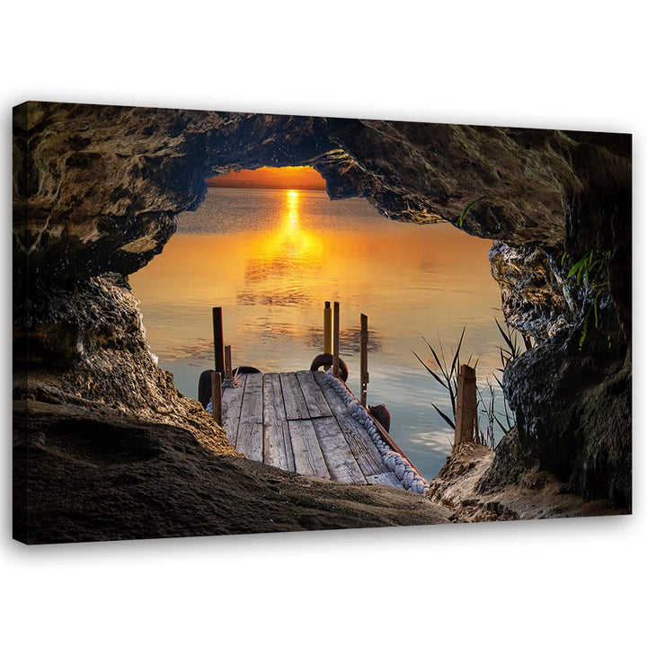Feeby Leinwandbild XXL Höhle Illusion Wandbild Kunst Sonnenuntergang Orange 120x80 cm Leinwandbild 1