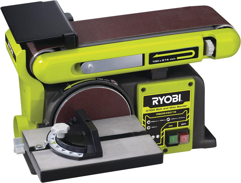 RYOBI 370 W Stand-Bandtellerschleifer (Leerlaufdrehzahl von 2.850 min-1, Winkel von 0 oder 90 Grad,