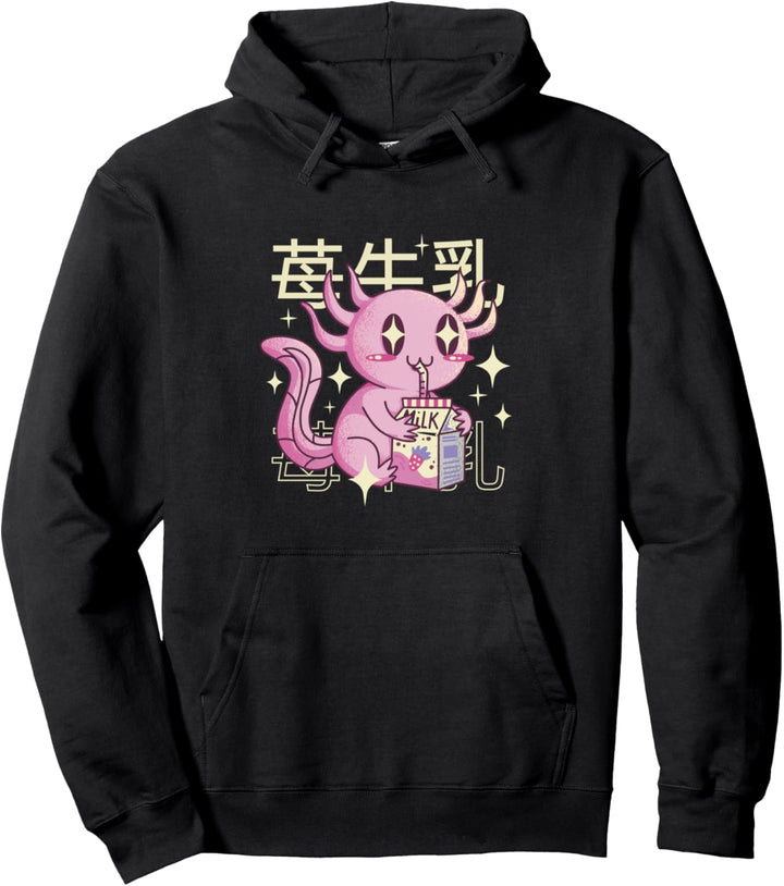 Kawaii Axolotl Trinken Erdbeermilch japanische Schrift Pullover Hoodie