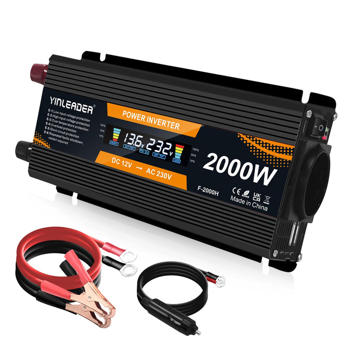 Yinleader Wechselrichter 900W 2000W 12V 230V Spannungswandler LCD mit 1 Steckdose 2 USB Anschlüsse