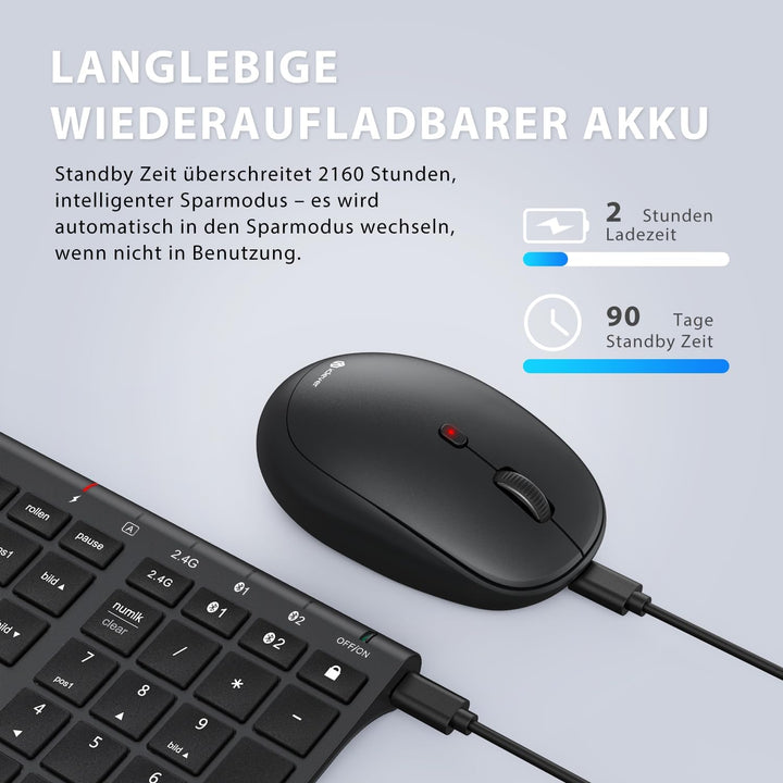iClever Bluetooth Tastatur mit Maus, Wiederaufladbare Dualmodus USB & Bluetooth Tastatur aus Metall,