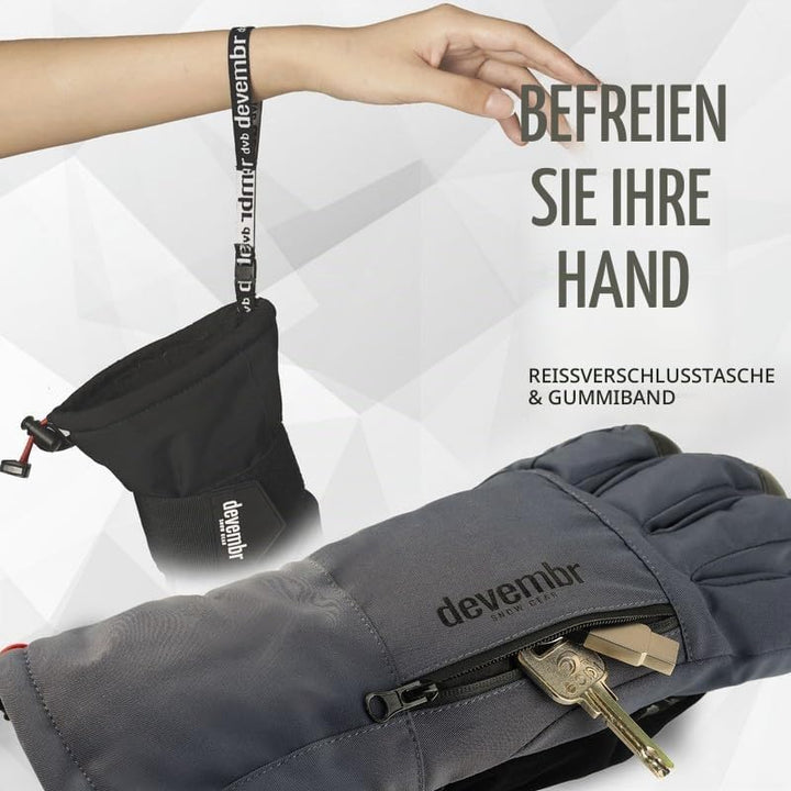 devembr Skihandschuhe mit Handgelenkschützern, Warme Snowboardhandschuhe für Herren und Damen M Grau