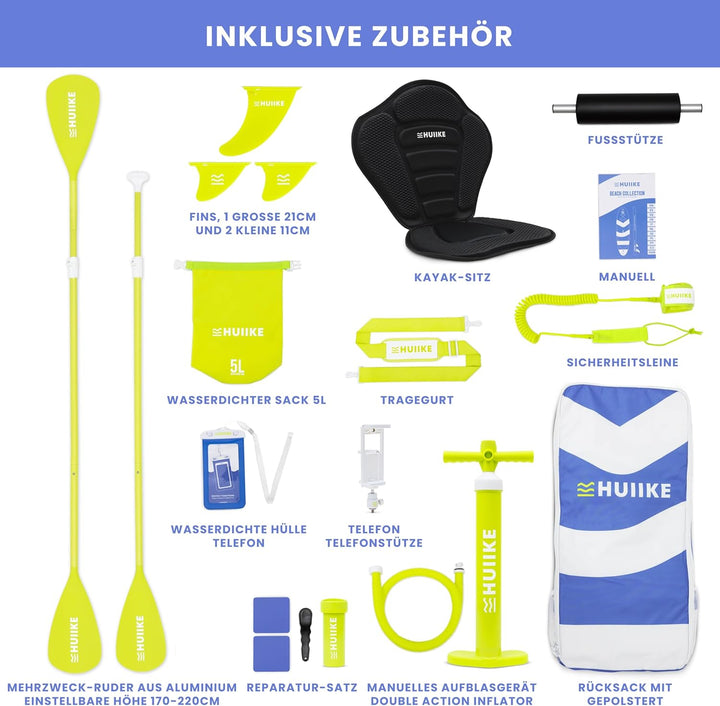HUIIKE Stand Up Paddling Board mit Zubehör, Paddel, Finnen, Pumpe. Paddle Sup Board Aufblasbar Hohe