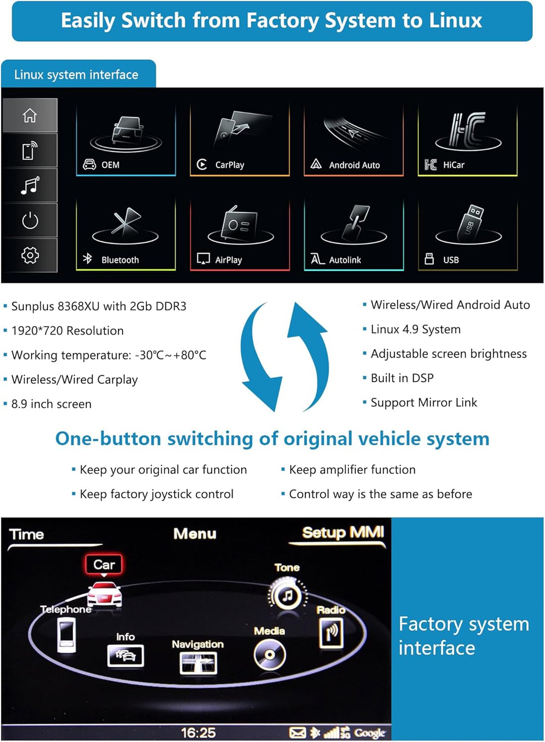Autoradio 8,9 Zoll Touchscreen mit kabellosem Carplay und Android Auto für 2009–2016 Audi A4 S4 mit