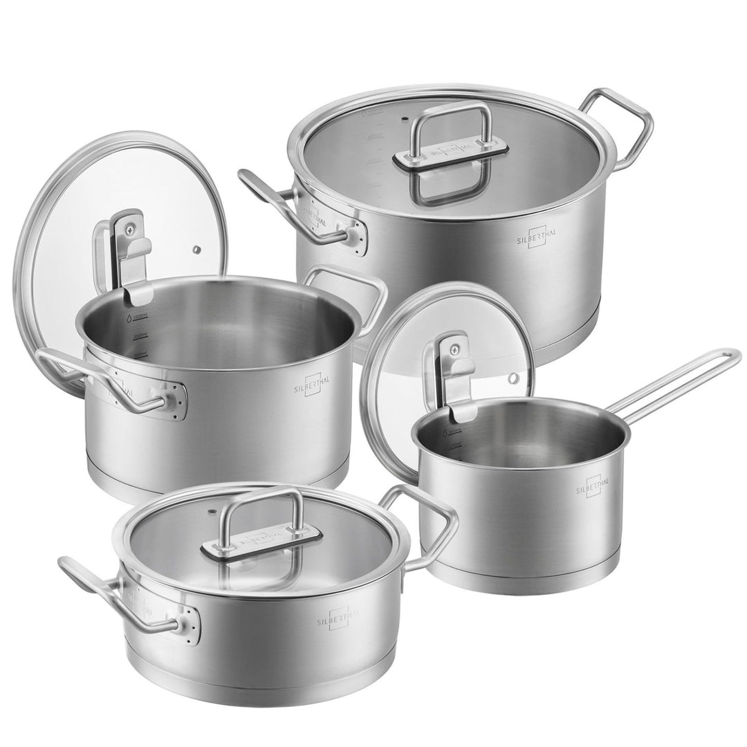 SILBERTHAL Topfset Induktion - 4-teilig - Edelstahl Kochtopf Set mit Glasdeckel - Unbeschichtet - Fü
