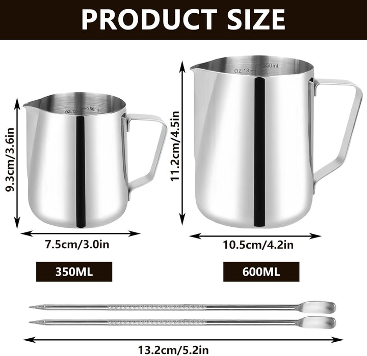 Milchkännchen Edelstahl, 2 Stück Milchschaumkännchen 350ml und 600ml, Milchkanne Edelstahl, Silber M